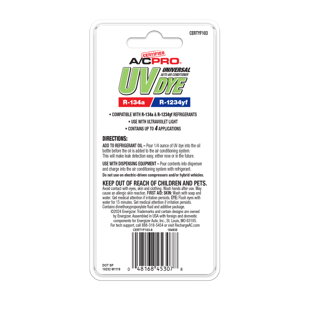 DyLeak Detector Dye For 1234YF AC Systems - 10 Can Kit With Installation Hose